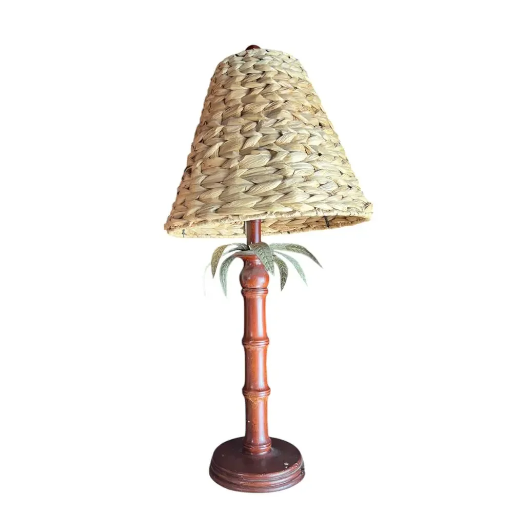 Vintage Tropical Palm Tree Bamboo Table Lamp Woven Rattan Shade Coastal Tiki